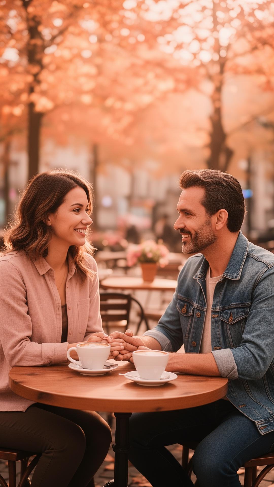 Two adult singles in conversation at a warm cafe